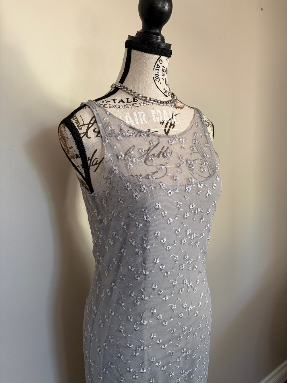 Vintage 90s Romantic Silver Grey Floral Embroidered Sheer Mesh Midi Dress - Picture 2 of 12